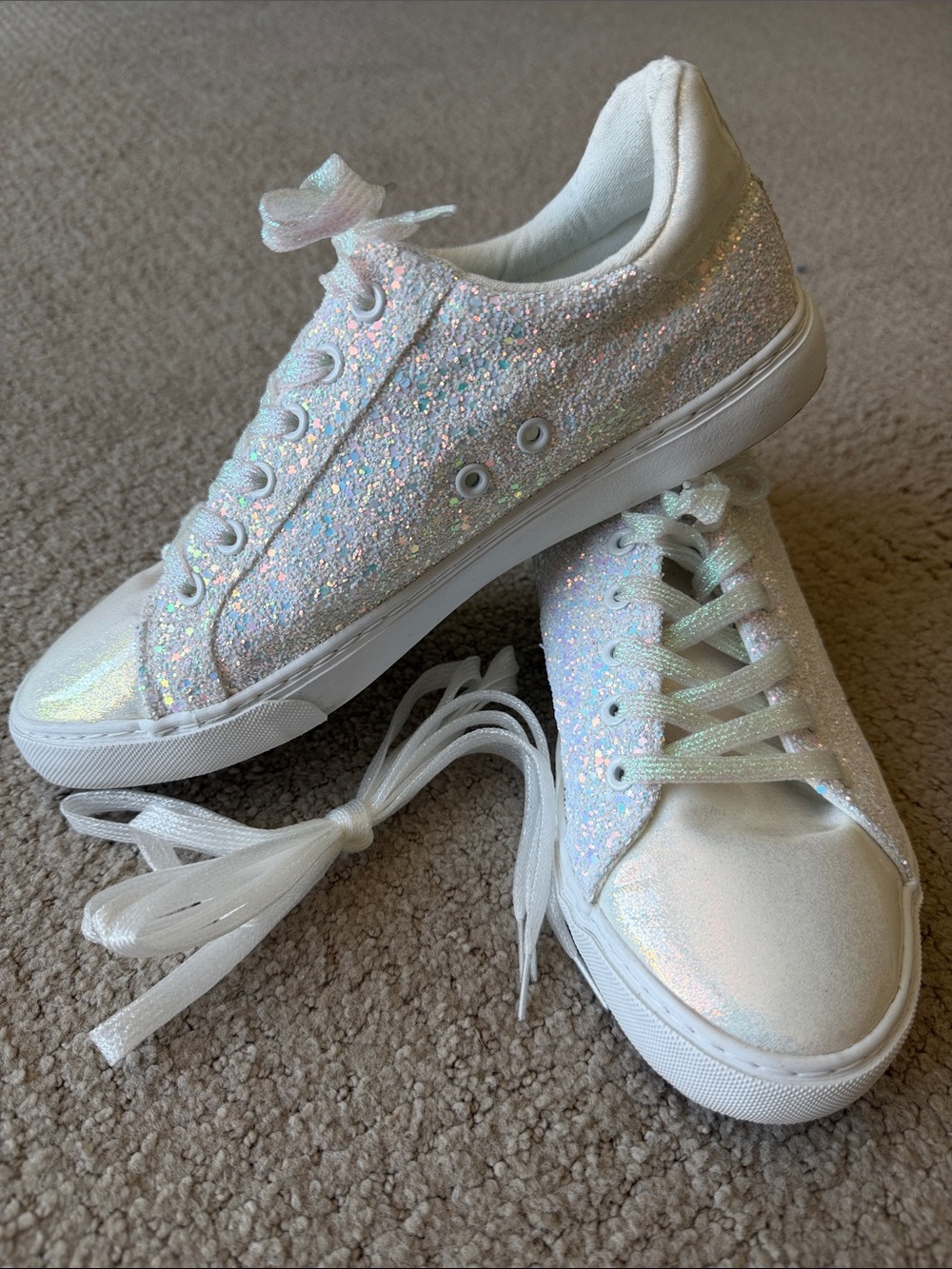 Iridescent White Glitter Lace-Up Sneakers for Women
